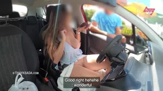 Hotwife and very naughty wife showing off to the seller on the street and letting him play - with en