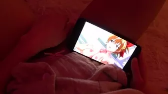 Girl masturbates with big dildo while watching hentai when parents are at home