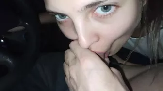 POV Amazing teen gives a blowjob in the car while it's raining outside to cheer him up and swallows