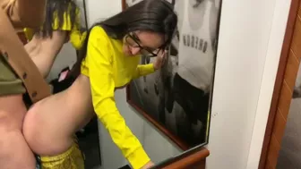 Risky public sex in the fitting room of a fitness store (cum in mouth)