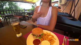 Eating burger and flashing in the cafe Transparent T-shirt No Bra (teaser)