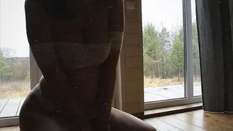 Doggy, blowjob and loud moans at the window next to the neighbor's house. Risky sex