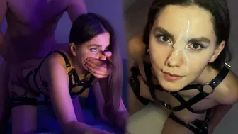 Hot Brunette In Harness Sucks And Jumps On My Dick - Just Look At Her Pretty Cum Face On 12:10!