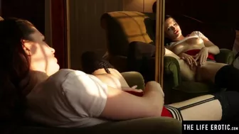 Black stockings and garters but no panties while she masturbates