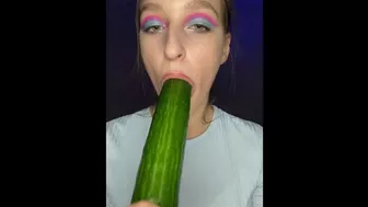 Testing little mouth with a huge cucumber. Drool, deep throat.