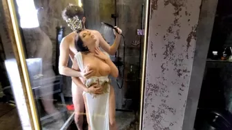 big nipples bulged under her wet dress, water splashed on her face and the guy couldn't resist