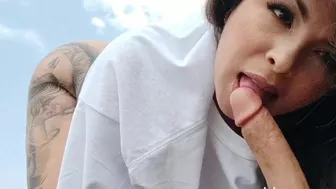 Beautiful hot girl gives a wild blowjob in the middle of the forest