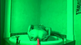 All Green Solo Hot Horny Big Ass & Tits Step Mom Milf Rubs Her Pussy and Moans Loudly Riding Dildo