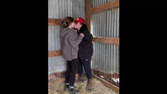 Sexy Lesbian Farmers Kiss And Touch Each Other In The Barn