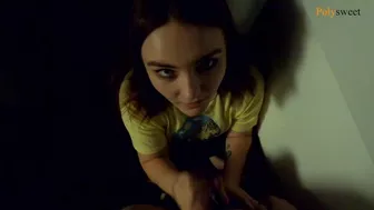 The girl gives a blowjob on a public balcony, and then walks with a cum on her face