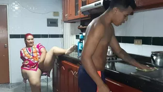 My stepmom gets horny in the kitchen and we end up fucking. prt. 1