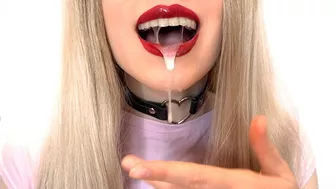 Cum play only! Mouth full of cum, tongue play and red lipstick, eating sperm