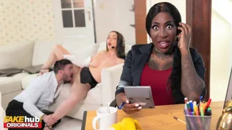 FAKEhub - Busty black boss catches staff fucking at a call center and adds cum to her coffee