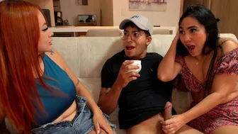 Threesome with my boyfriend and his stepmom after I find her sucking his cock on the sly.