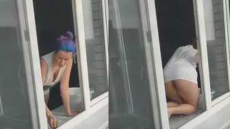 A neighbor girl washes windows without a bra and panties