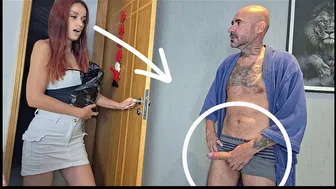 Dirty old man received a delivery girl with a hard-on and ended up fucking the slut!