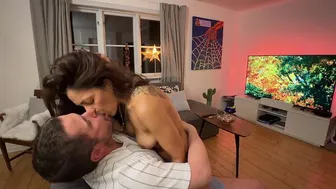 My husband was chillin' on the sofa but I couldn't resist and we ended up fucking