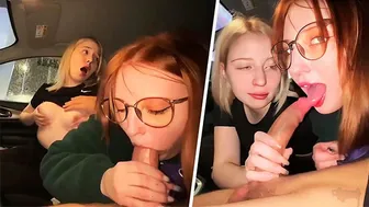 Double blowjob in the car before real sex in a public cinema