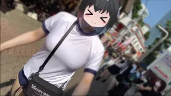 No Bra Running Running through Harajuku in gym clothes bloomers with rotors in 