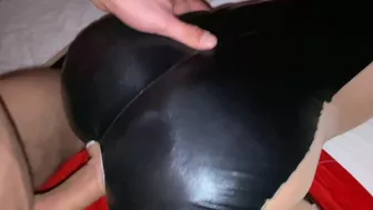 Fucking doggystyle in latex catsuit and cum on latex ass